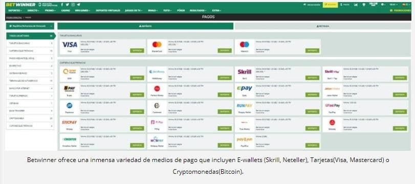 Betwinner metodos de pago